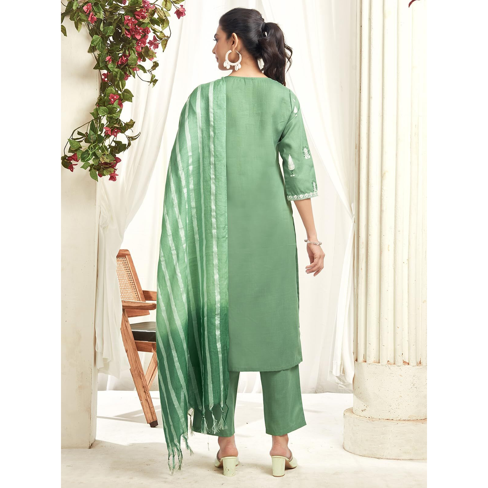 Sanisa Women's Cotton Blend Printed With Sequence And Embroidery Work Straight Kurta With Pant And Dupatta Set (198Kbd2102N-L_Pista Green)