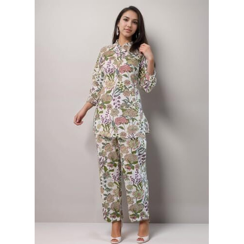 Shienzy Stylish Printed Cotton Blend Co Ord Set For Women || Casual & Festive Indo-Western Outfit || Kurta Pant Set (1595Shz_Mlt_M) Multicolour
