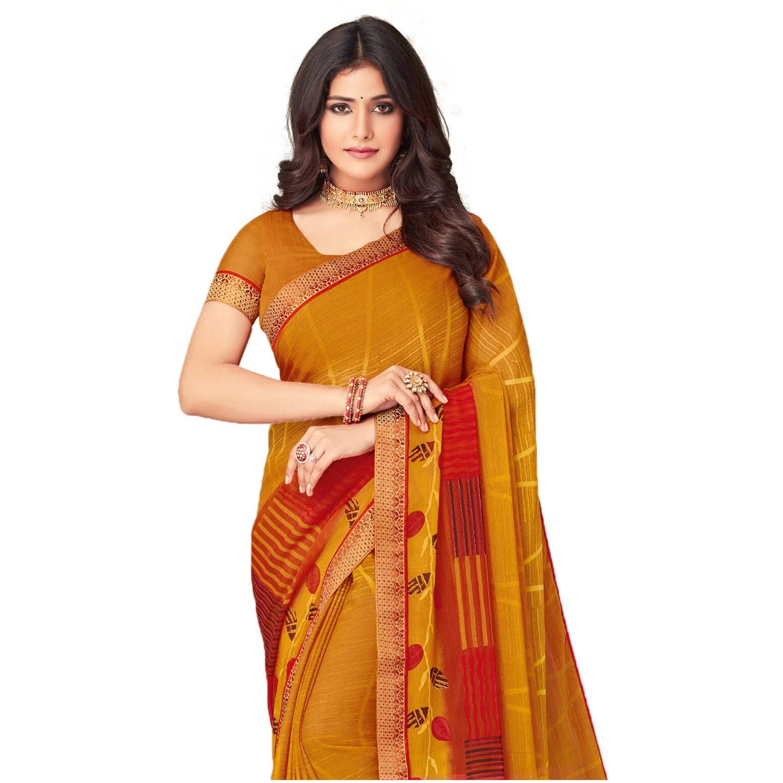 Satrani Women's Lace & Printed Chiffon Saree With Blouse(2206Sr942_Turmeric Yellow & Red)