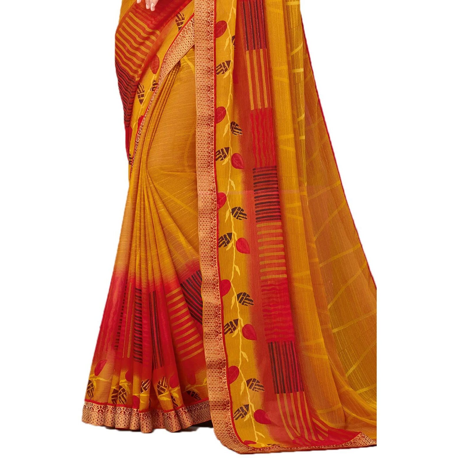 Satrani Women's Lace & Printed Chiffon Saree With Blouse(2206Sr942_Turmeric Yellow & Red)