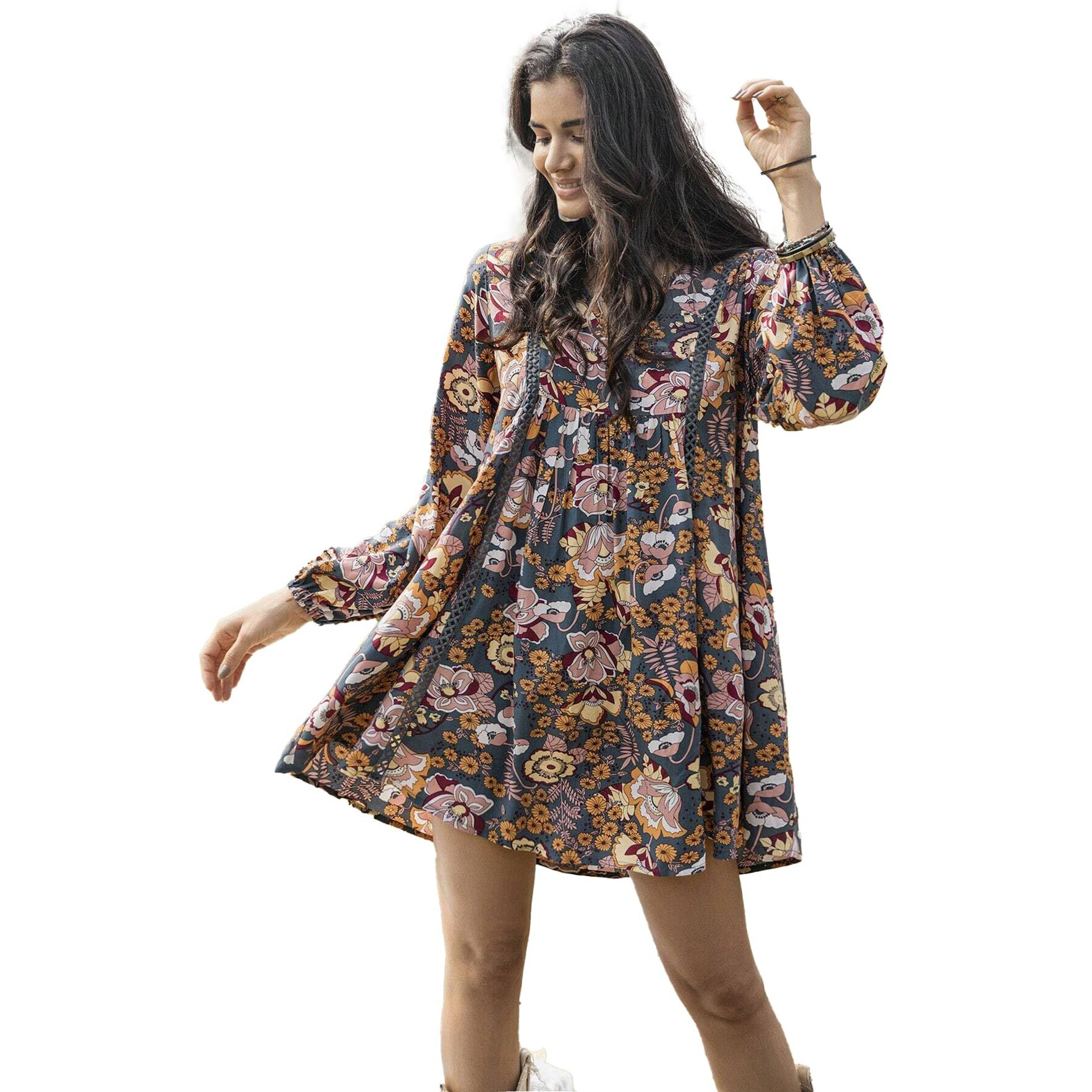 Smowkly Floral Print Bishop Sleeve Smock Dress 1244_Gry_Xs Grey