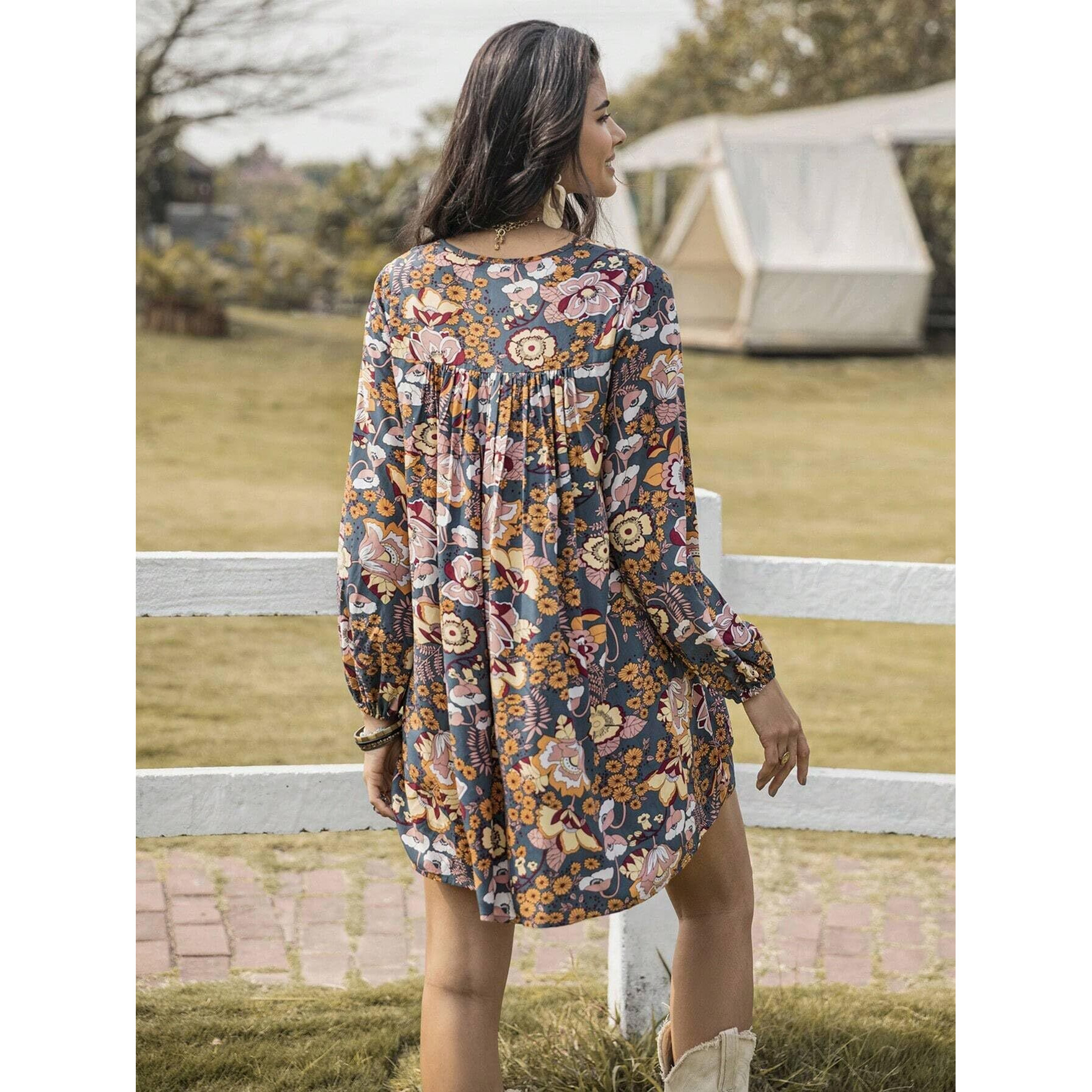 Smowkly Floral Print Bishop Sleeve Smock Dress 1244_Gry_Xs Grey