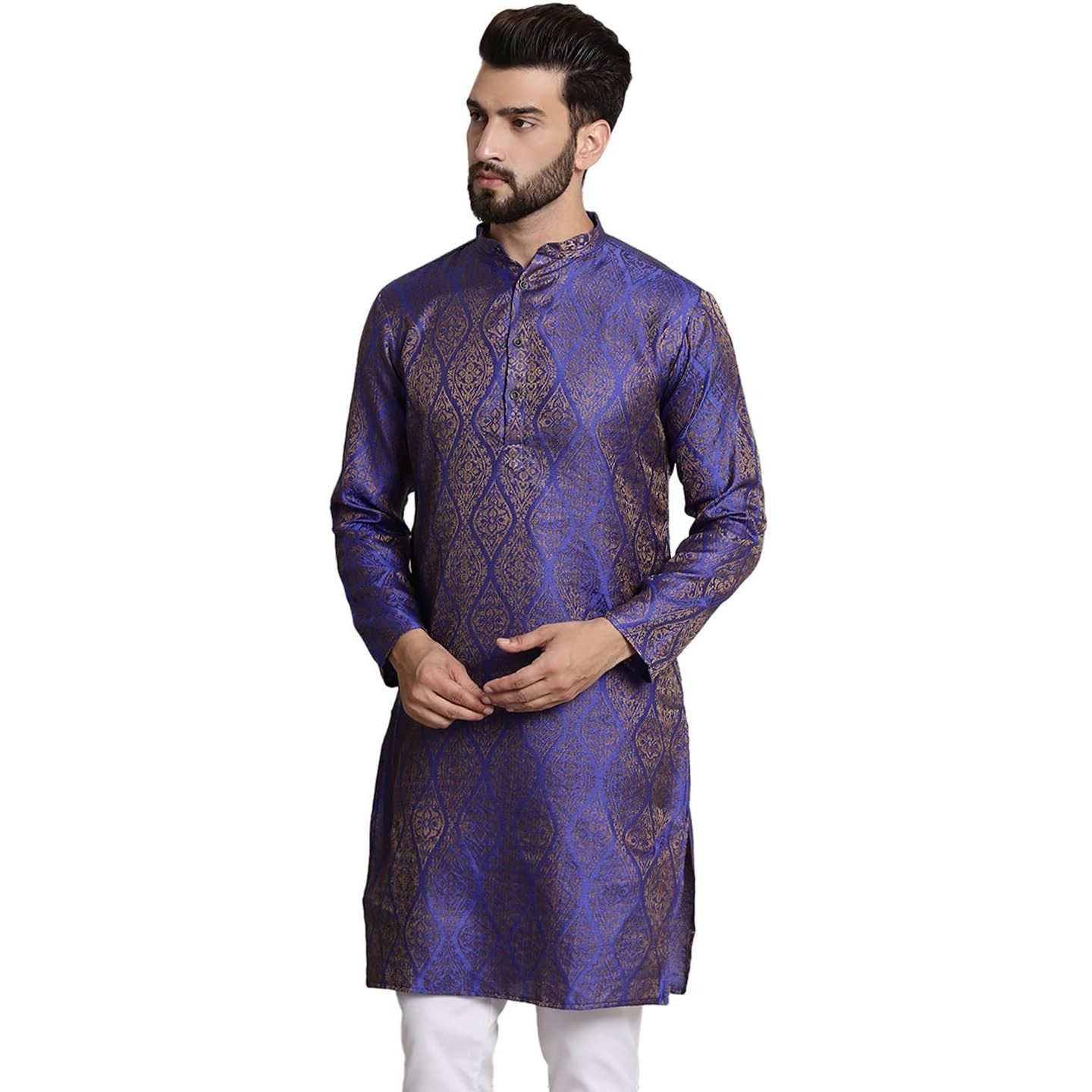 Sojanya (Since 1958 Men's Silk Blend Blue Color Self Design Only Long Kurta