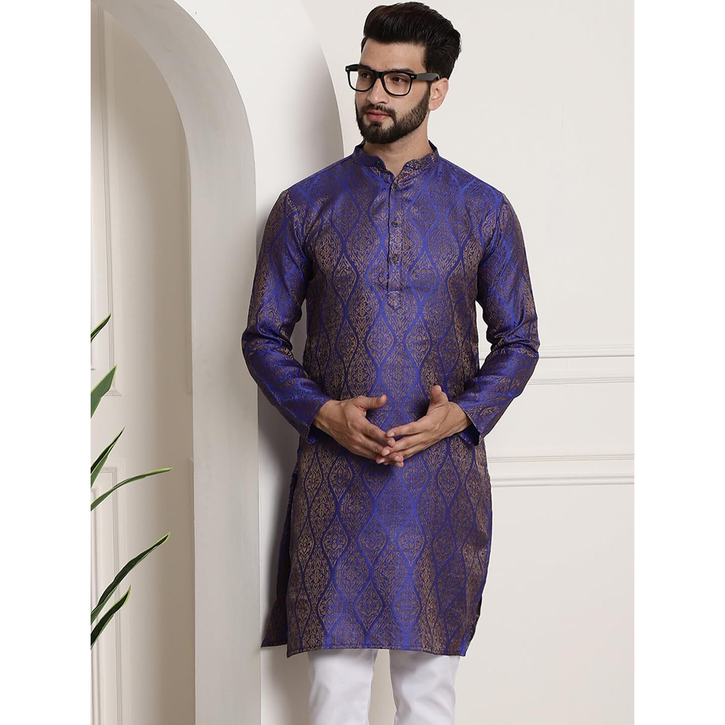 Sojanya (Since 1958 Men's Silk Blend Blue Color Self Design Only Long Kurta