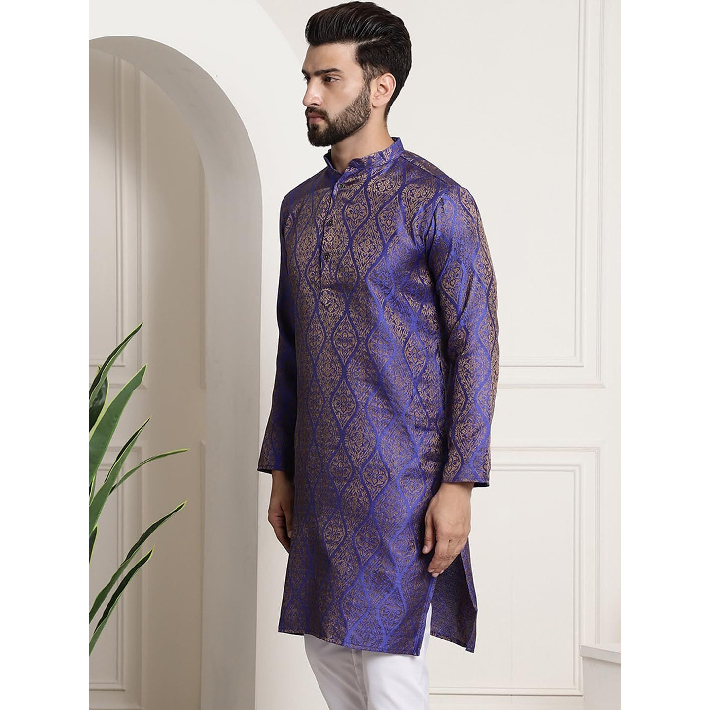 Sojanya (Since 1958 Men's Silk Blend Blue Color Self Design Only Long Kurta