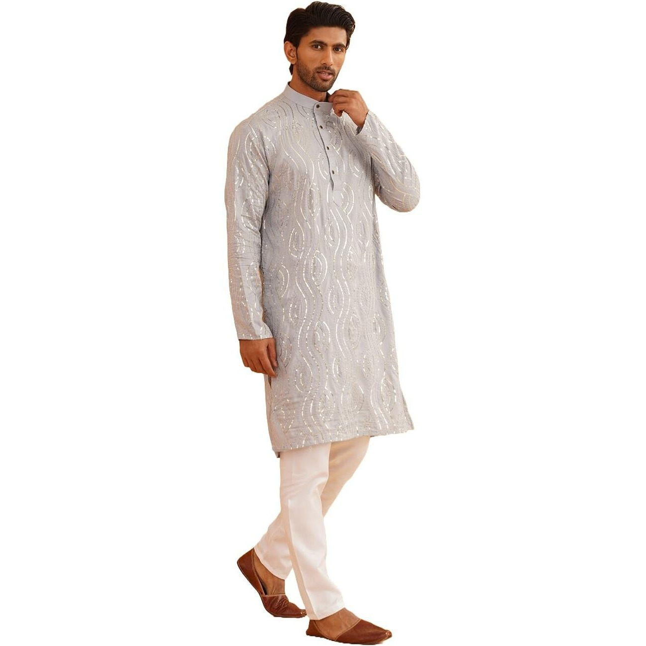 Sojanya (Since 1958 Men's Embroidered Sequinned Cotton Grey Kurta With Churidar Pyjama Set