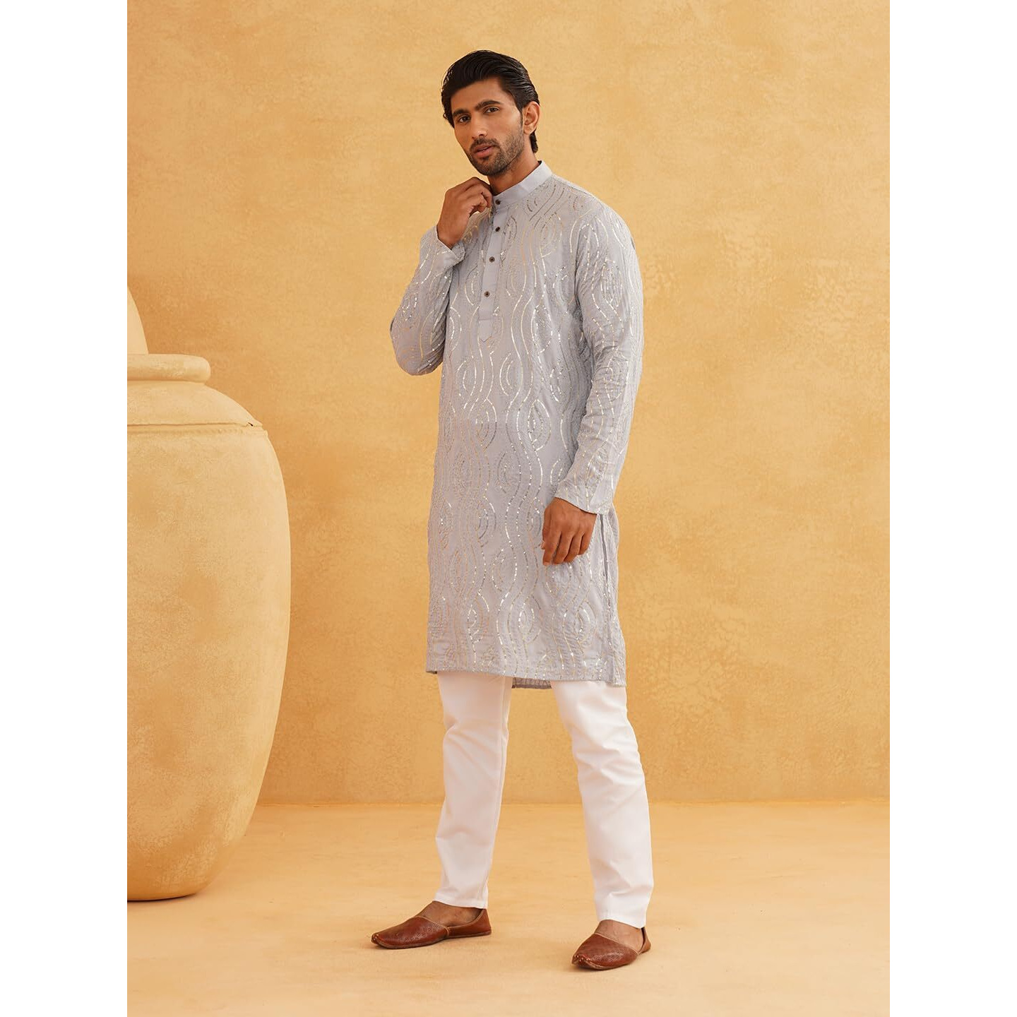 Sojanya (Since 1958 Men's Embroidered Sequinned Cotton Grey Kurta With Churidar Pyjama Set