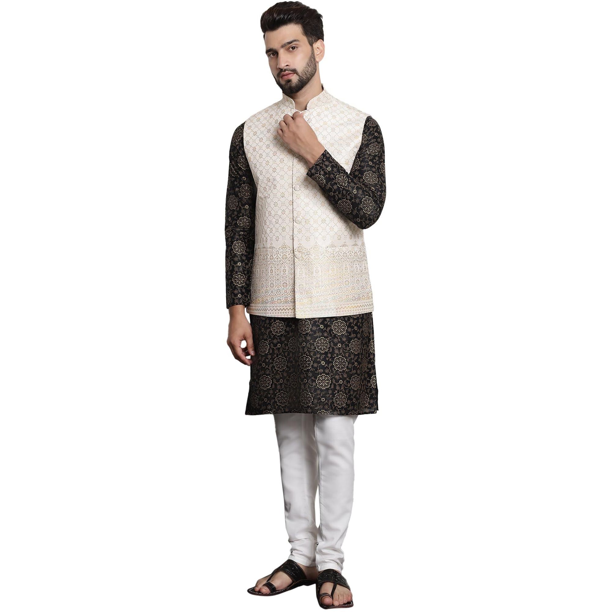 Sojanya (Since 1958 Men's Silk Blend Print Black Kurta And Cream Pyjama With Cream Nehru Jacket