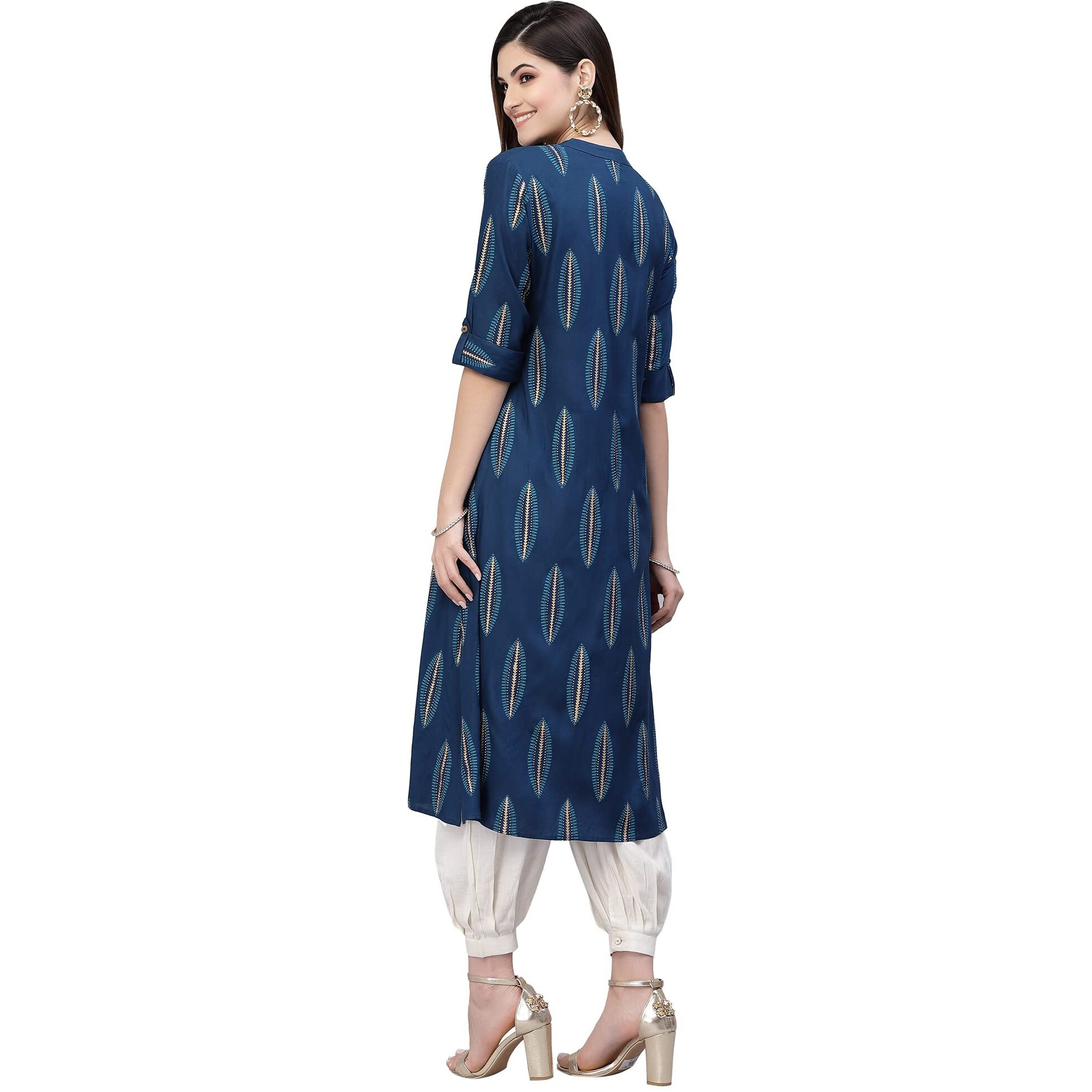 Stylum Women's Block Printed Rayon A-Line Kurta (Nomiteal42_Teal Blue, Xl)