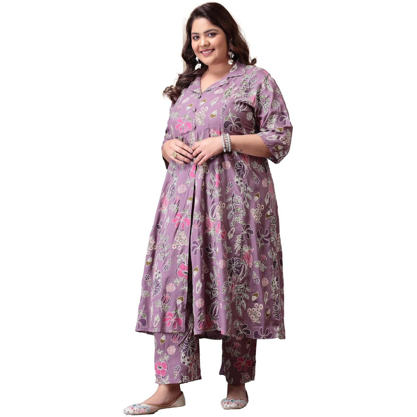 Stylum Plus Size Women Floral Printed Rayon Kurta Pant Set (Csnainapurpleplus48_Mauve, 4Xl)