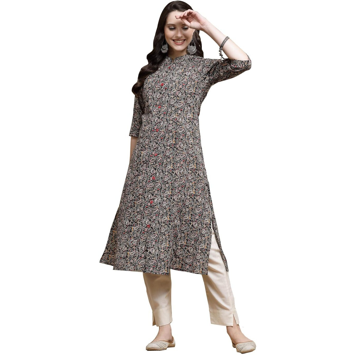 Stylum Women's Floral Printed Cotton A-Line Kurta (Jupiter44_Black, Xxl)