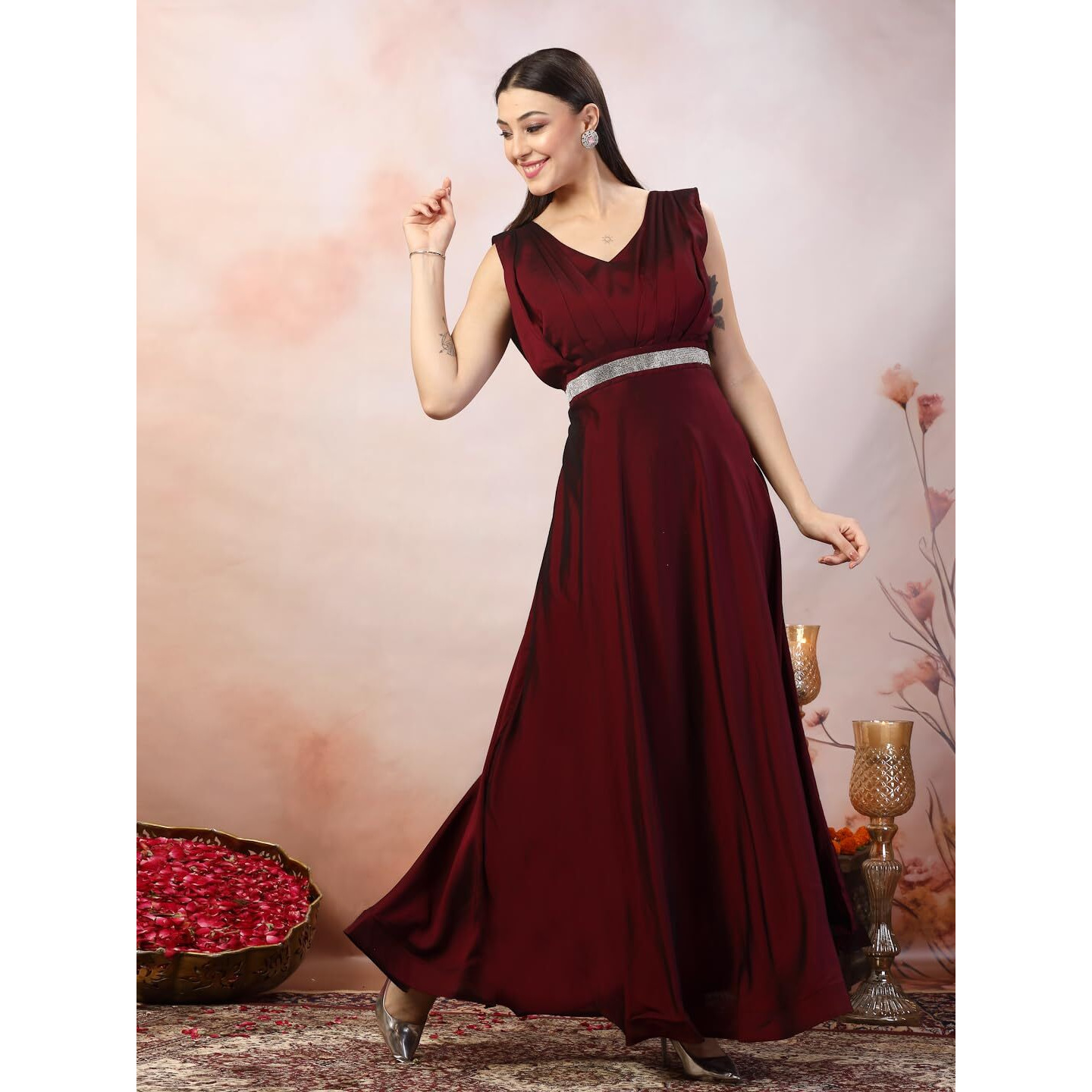 Stylum Women's Solid Satin Gown (Gwwineriwaz40_Wine, L)