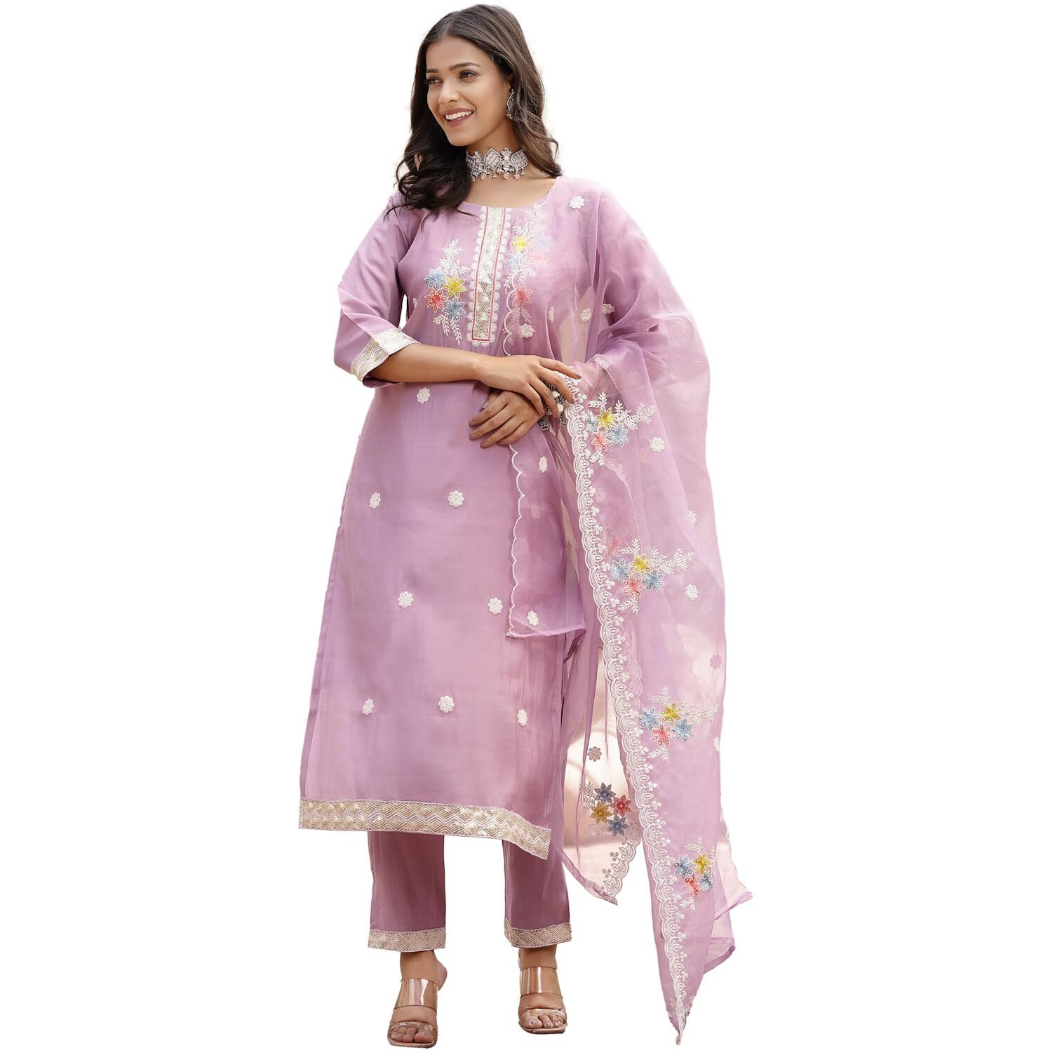 Stylum Women's Embroidered Silk Blend Straight Kurta Pant Dupatta Set (Kpdpurplepalki40_Purple, L)