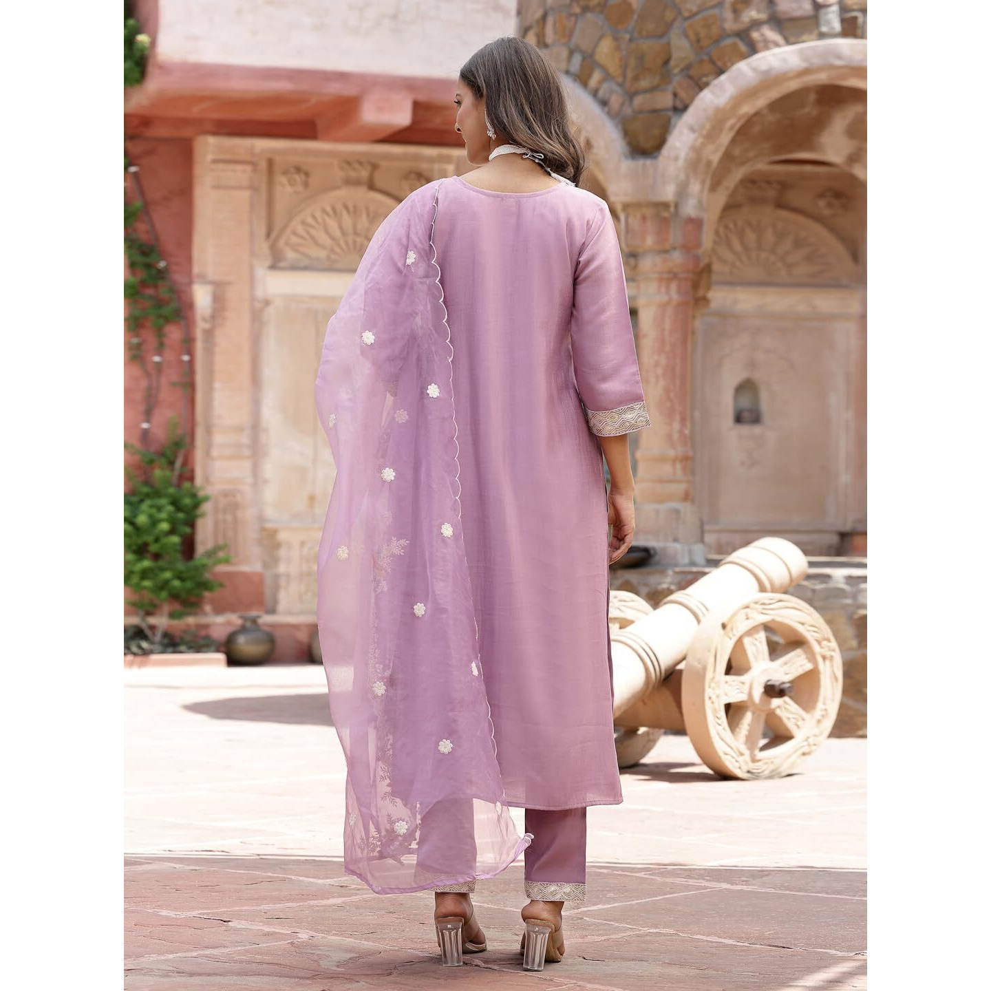 Stylum Women's Embroidered Silk Blend Straight Kurta Pant Dupatta Set (Kpdpurplepalki40_Purple, L)