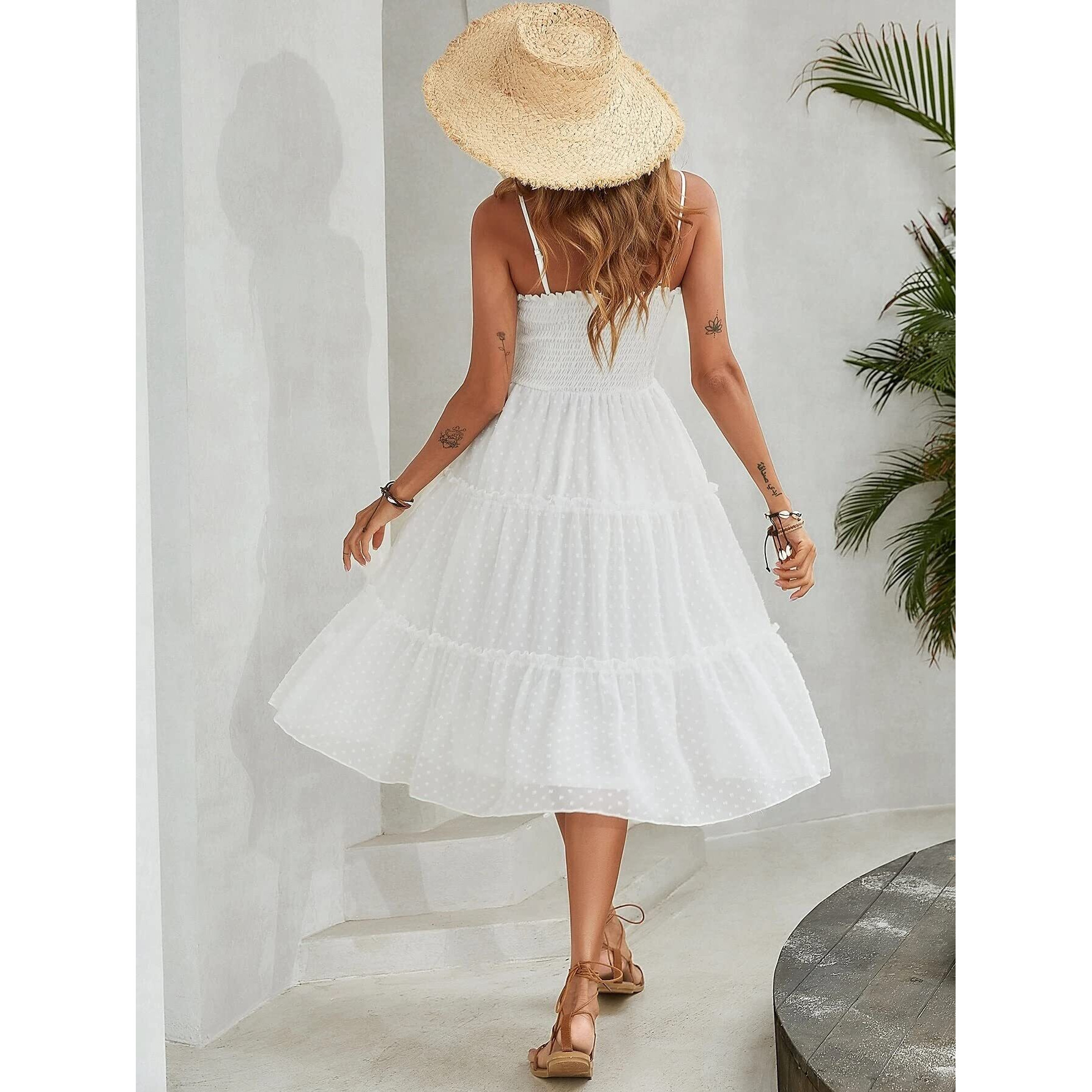 Sugathari Women's & Girl's White Swiss Dot Shirred Frill Trim Layered Hem Cami Dress (Dress2 74 White L)