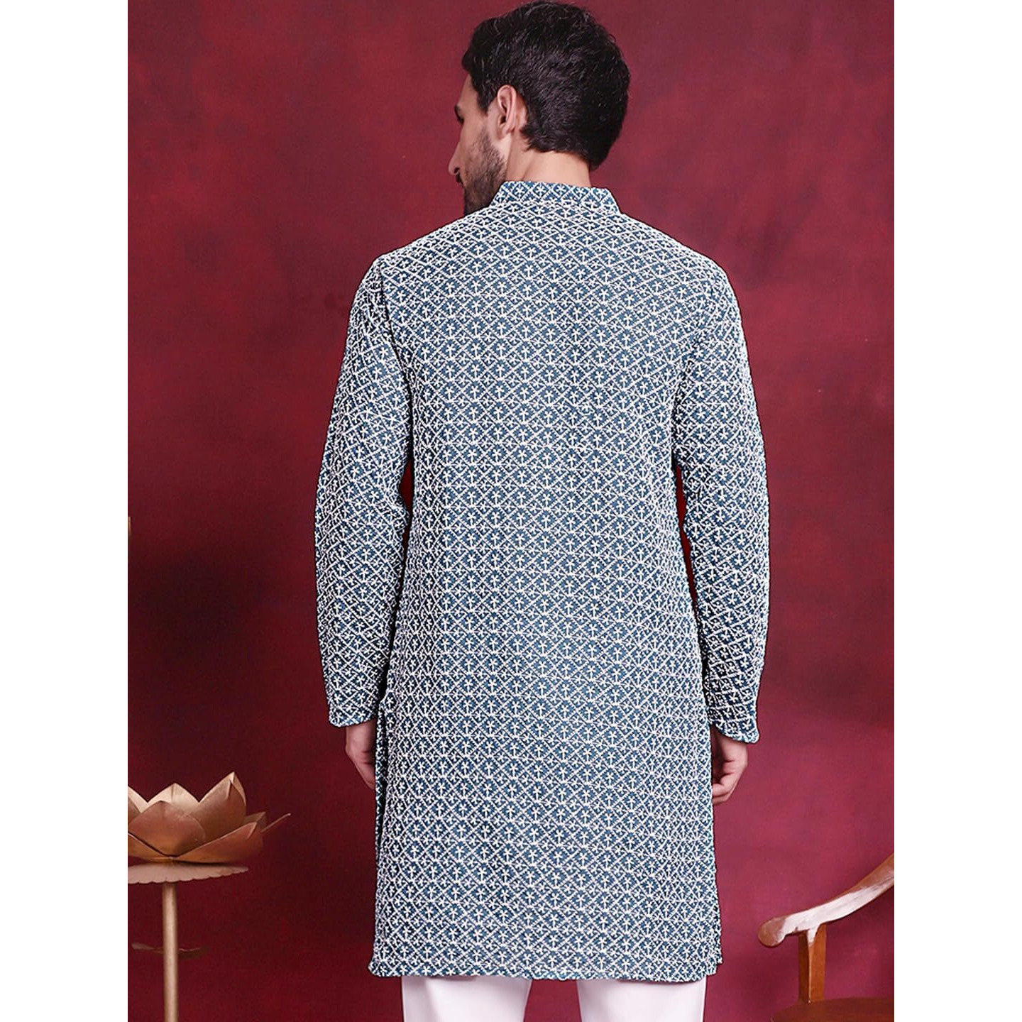 Jompers Chikankari Embroidered Kurtas For Men (Teal, S)