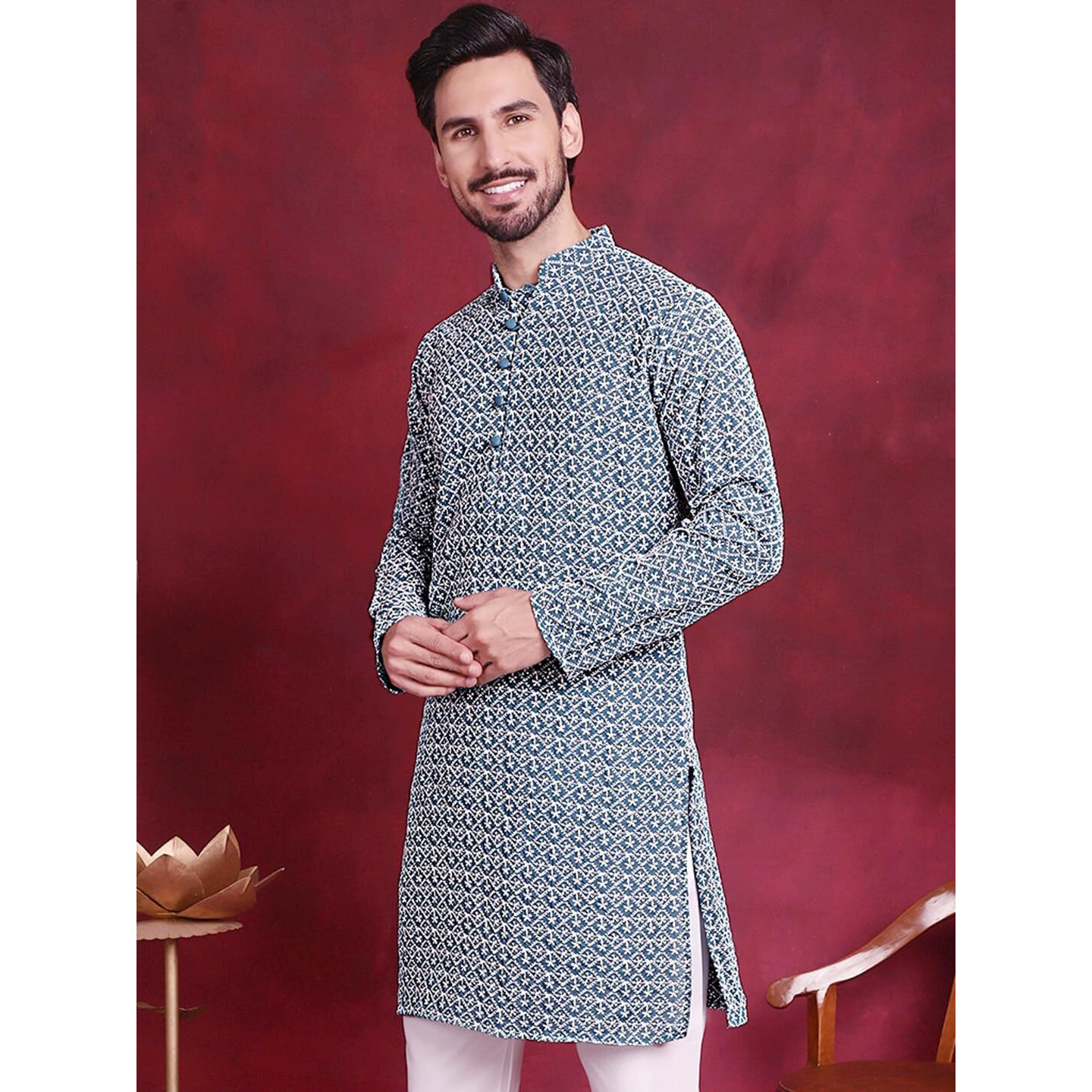 Jompers Chikankari Embroidered Kurtas For Men (Teal, S)