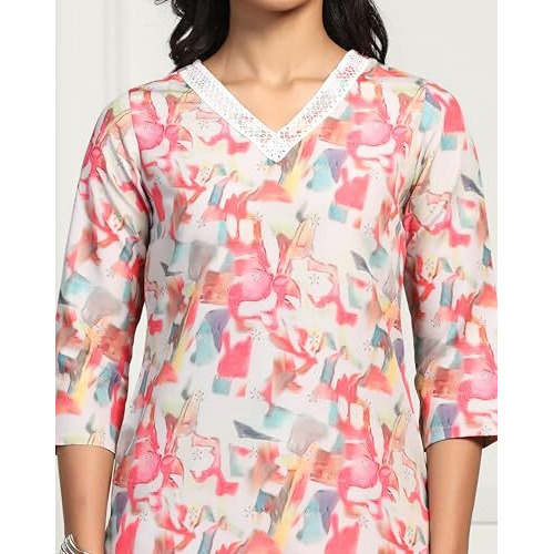 Tadkee Women Cotton Blend Printed Kurta With Plazzo (Fn-V-Lace-Plazzo-Pair-117-Pink-M)