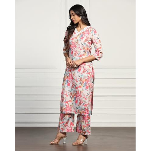 Tadkee Women Cotton Blend Printed Kurta With Plazzo (Fn-V-Lace-Plazzo-Pair-117-Pink-M)