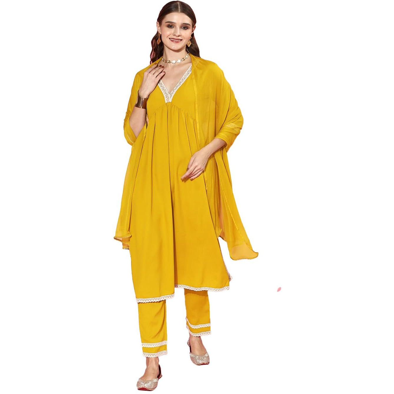 Stylum Women's Solid Crepe Naira Cut Kurta Pant Dupatta Set (Kpdjanvimust40_Mustard, L)