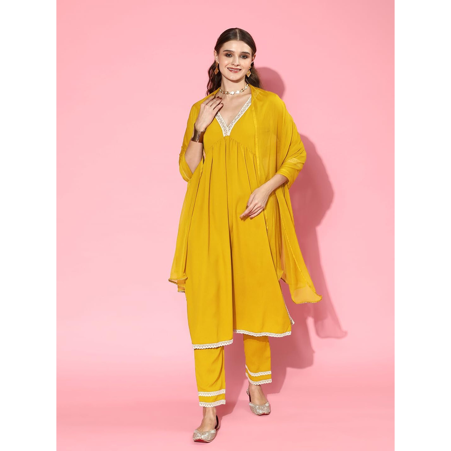 Stylum Women's Solid Crepe Naira Cut Kurta Pant Dupatta Set (Kpdjanvimust40_Mustard, L)