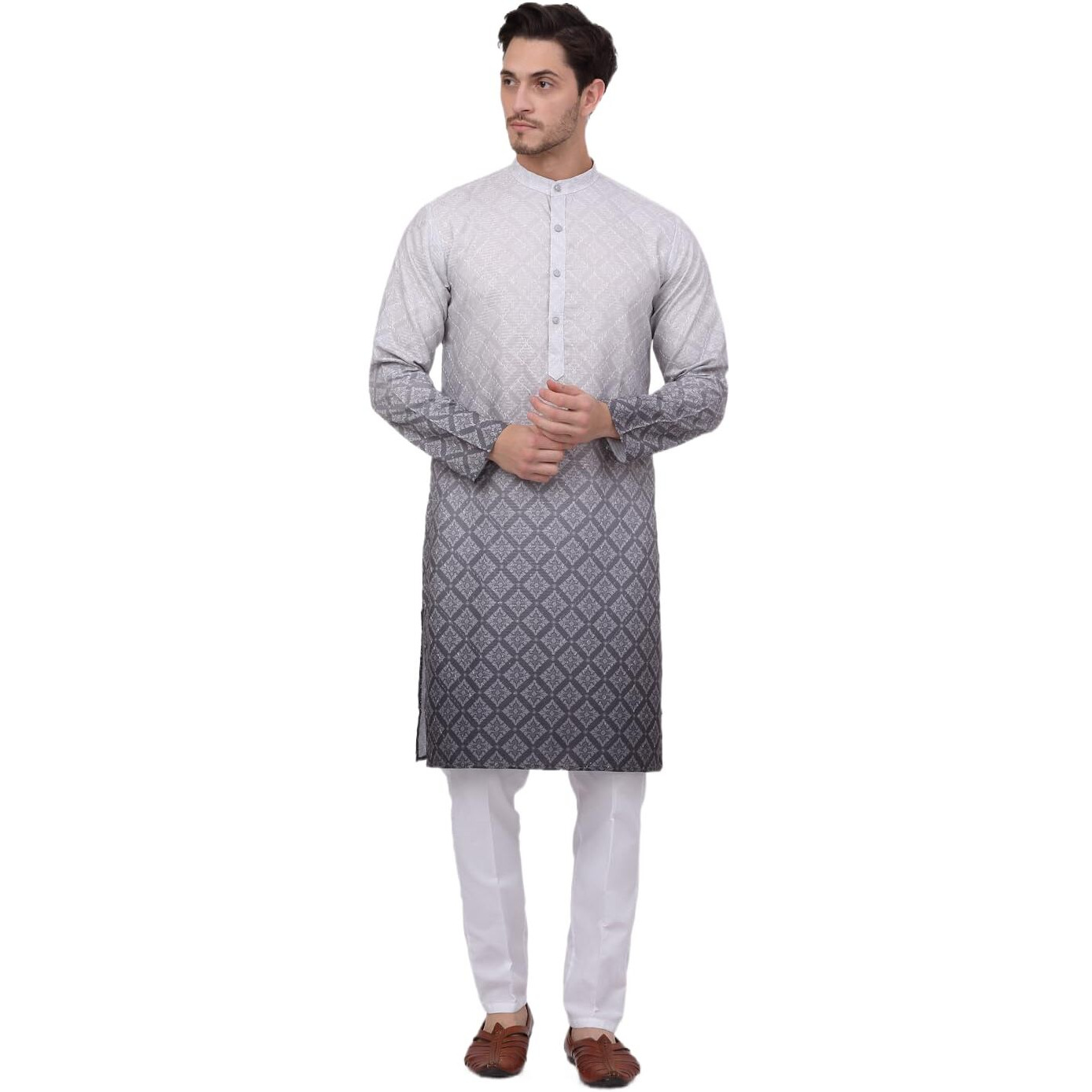 Jompers Men's Grey Ombre Printed Kurta Pyjama Set (Grey, S)