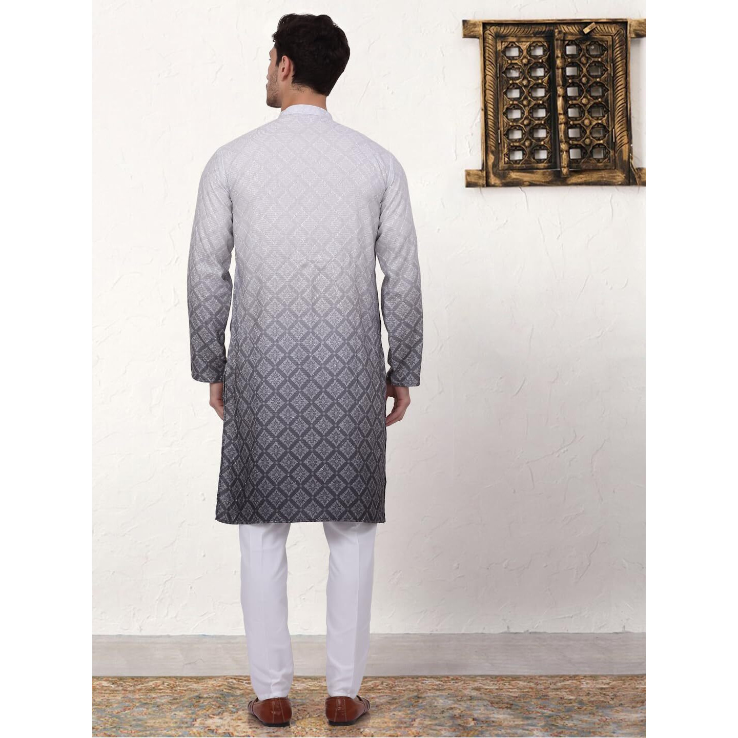 Jompers Men's Grey Ombre Printed Kurta Pyjama Set (Grey, S)