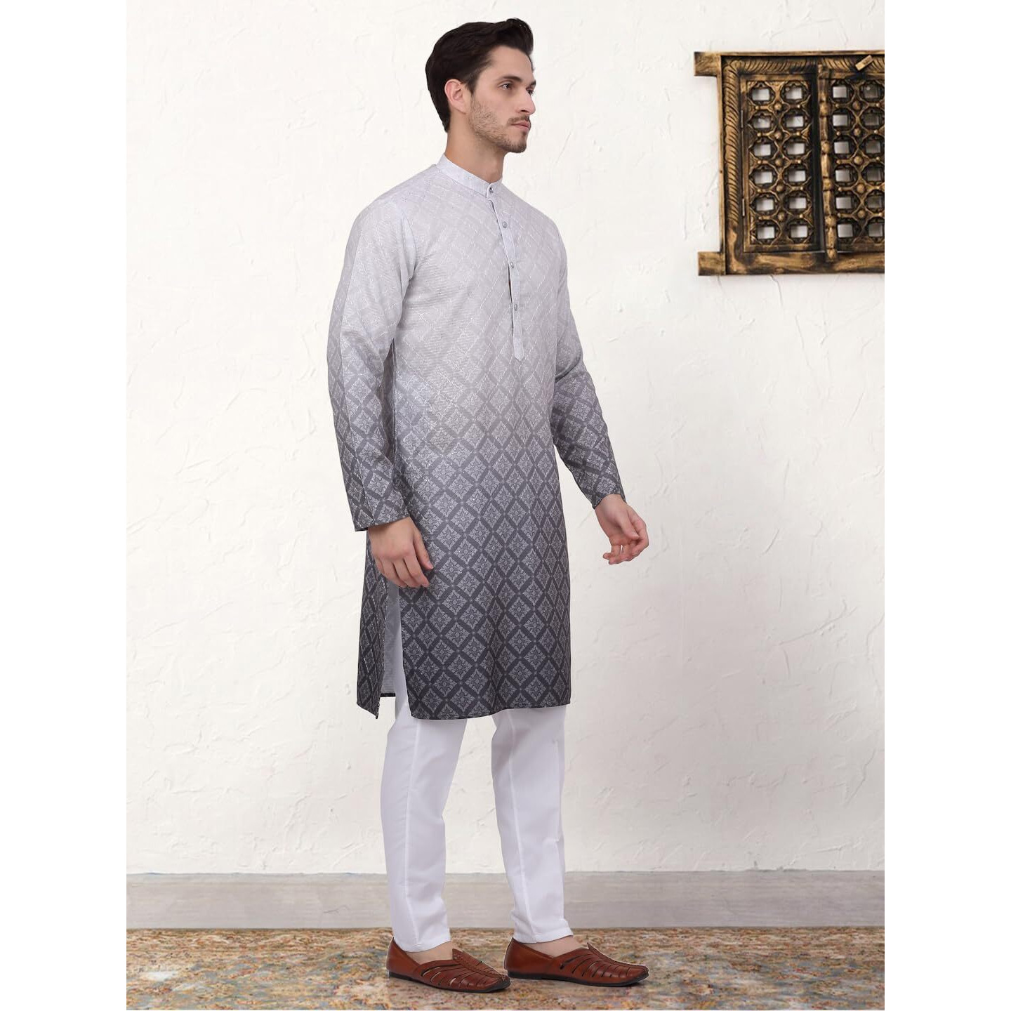 Jompers Men's Grey Ombre Printed Kurta Pyjama Set (Grey, S)