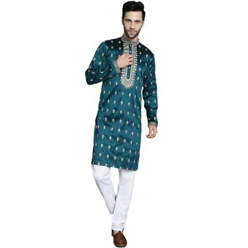 Jompers Men's Peacock Chikankari Embroidered Kurta With Pyjama. (Peacock, L)
