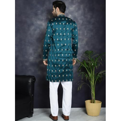 Jompers Men's Peacock Chikankari Embroidered Kurta With Pyjama. (Peacock, L)