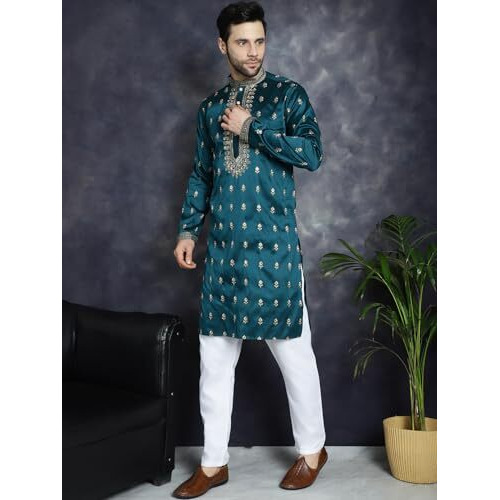 Jompers Men's Peacock Chikankari Embroidered Kurta With Pyjama. (Peacock, L)