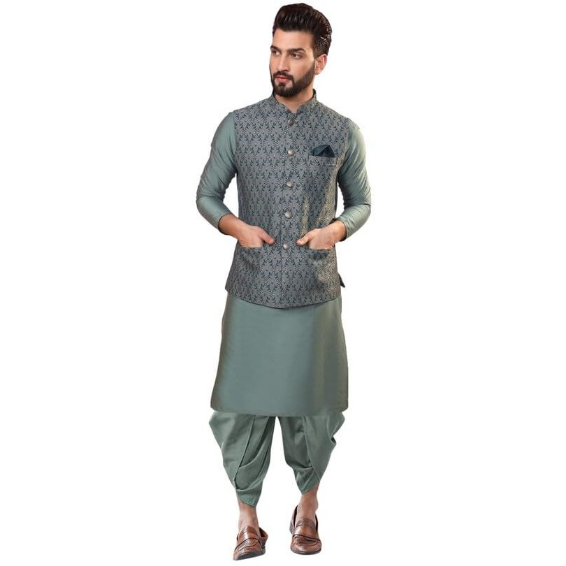 Kisah Mens Kurta Jacket Dhoti Set, Jacquard Silk Blend Mandarin Collar Long Sleeves, Green Ethnic Wear Set For Men, 40
