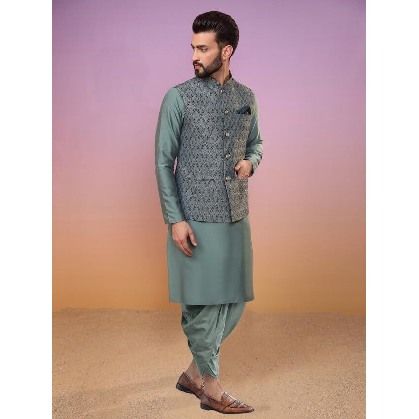 Kisah Mens Kurta Jacket Dhoti Set, Jacquard Silk Blend Mandarin Collar Long Sleeves, Green Ethnic Wear Set For Men, 40