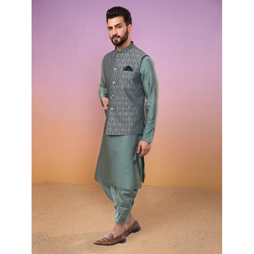 Kisah Mens Kurta Jacket Dhoti Set, Jacquard Silk Blend Mandarin Collar Long Sleeves, Green Ethnic Wear Set For Men, 40