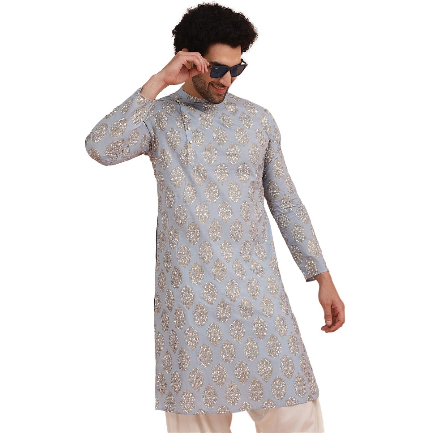 Kisah Mens Printed Cotton Blend Kurta - Traditional Ethnic Wear Kurta For Men For Weddings & Festivals, Light-Blue, 40