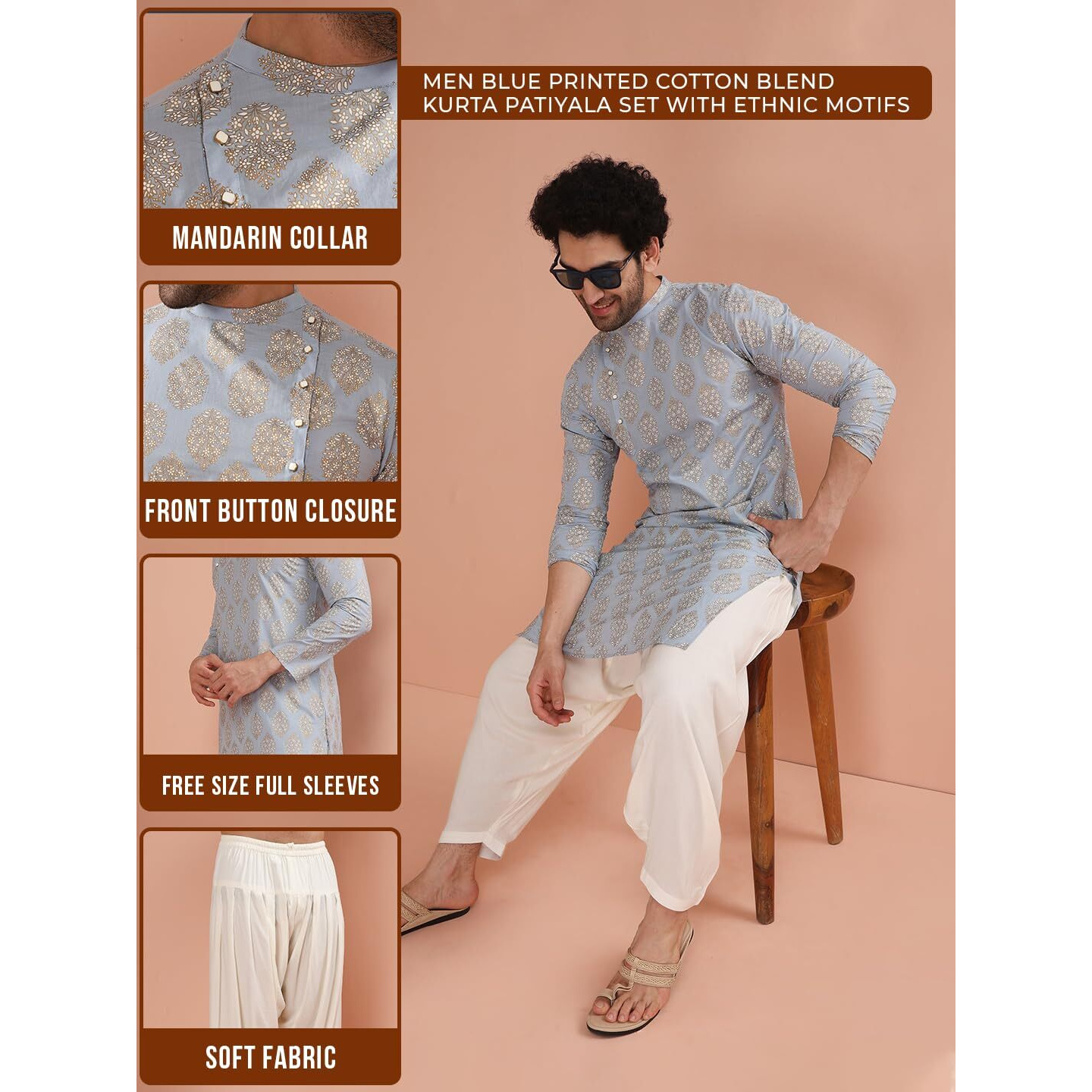 Kisah Mens Printed Cotton Blend Kurta - Traditional Ethnic Wear Kurta For Men For Weddings & Festivals, Light-Blue, 40