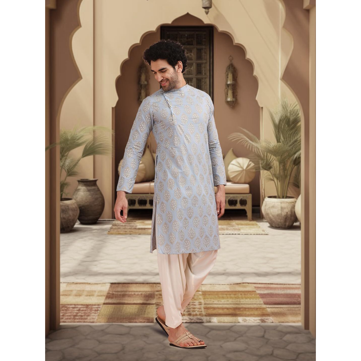 Kisah Mens Printed Cotton Blend Kurta - Traditional Ethnic Wear Kurta For Men For Weddings & Festivals, Light-Blue, 40