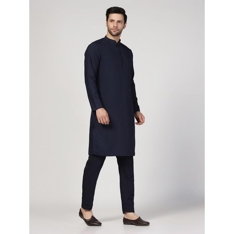 Kisah Men's Kurta Trouser Set, Navy Blue Cotton Blend, Solid Regular Fit Mandarin Collar Long Sleeves (38)