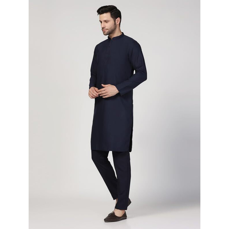 Kisah Men's Kurta Trouser Set, Navy Blue Cotton Blend, Solid Regular Fit Mandarin Collar Long Sleeves (38)