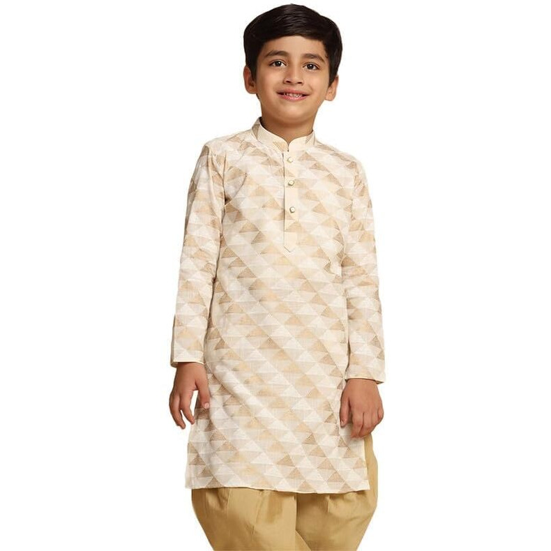 Kisah Boy's Kurta, White Cotton Blend, Abstract Long Sleeves Regular Fit Mandarin Collar|9-10 Years