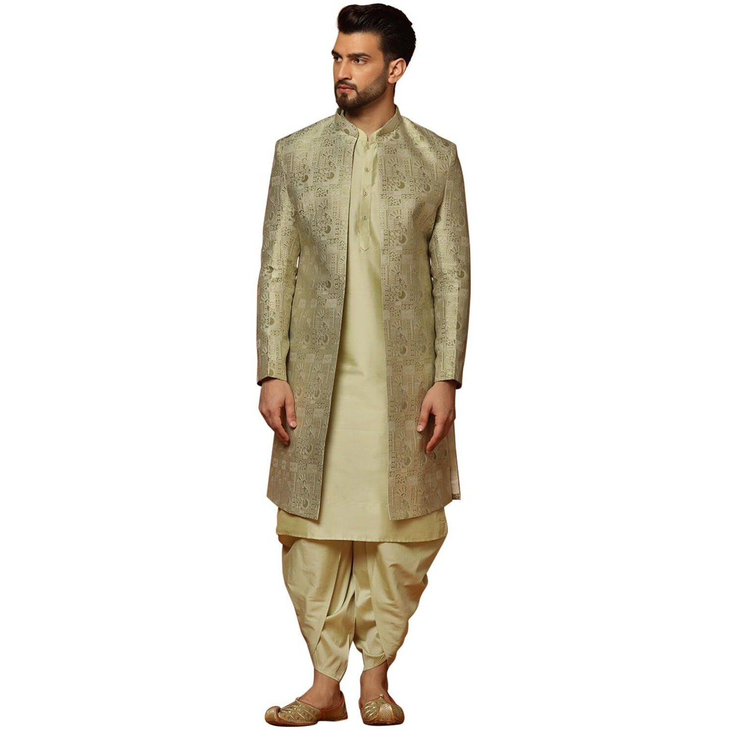 Kisah Sherwani Set For Men  Silk Blend Jacquard Embroidered Indo Western Sherwani With Kurta And Dhoti | Designer Ethnic Outfit For Weddings & Festivals, Grey & Blue, 44