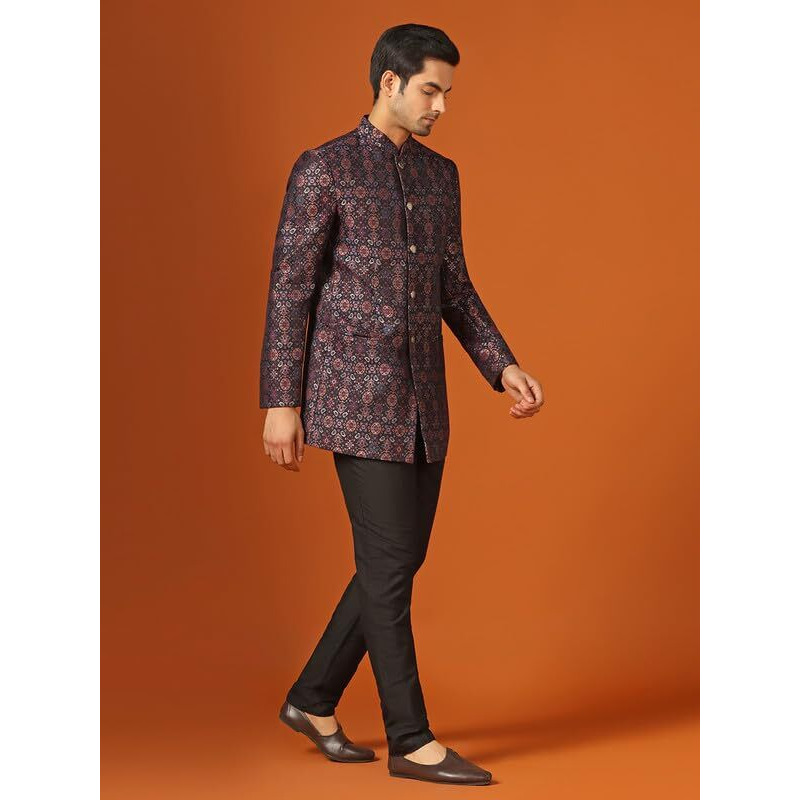Kisah Men's Jodhpuri Bandhgala, Black Jacquard, Woven Design Regular Fit Mandarin Collar Long Sleeves (38)