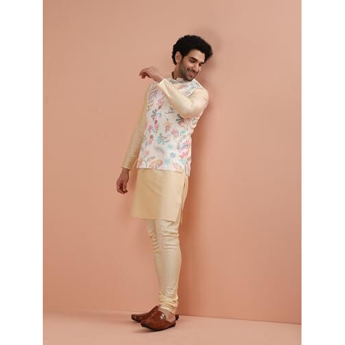 Kisah Men's Kurta Jacket Churidar Set, Multi Cotton Blend, Floral Long Sleeves Regular Fit Mandarin Collar (S)