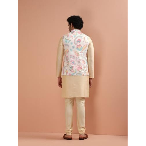 Kisah Men's Kurta Jacket Churidar Set, Multi Cotton Blend, Floral Long Sleeves Regular Fit Mandarin Collar (S)