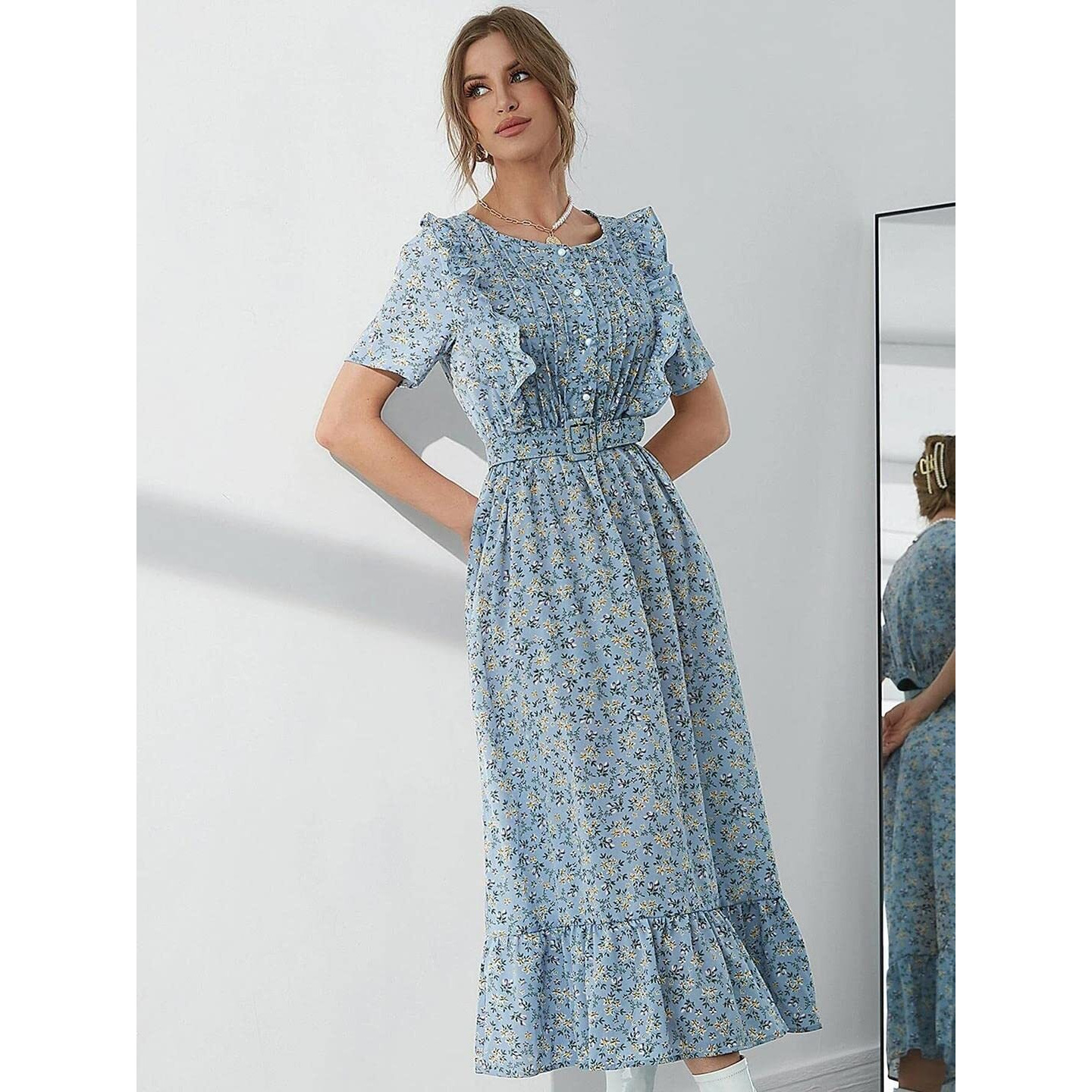 Kotty Womens Polyester Printed Fit And Flared Sky Blue Dress