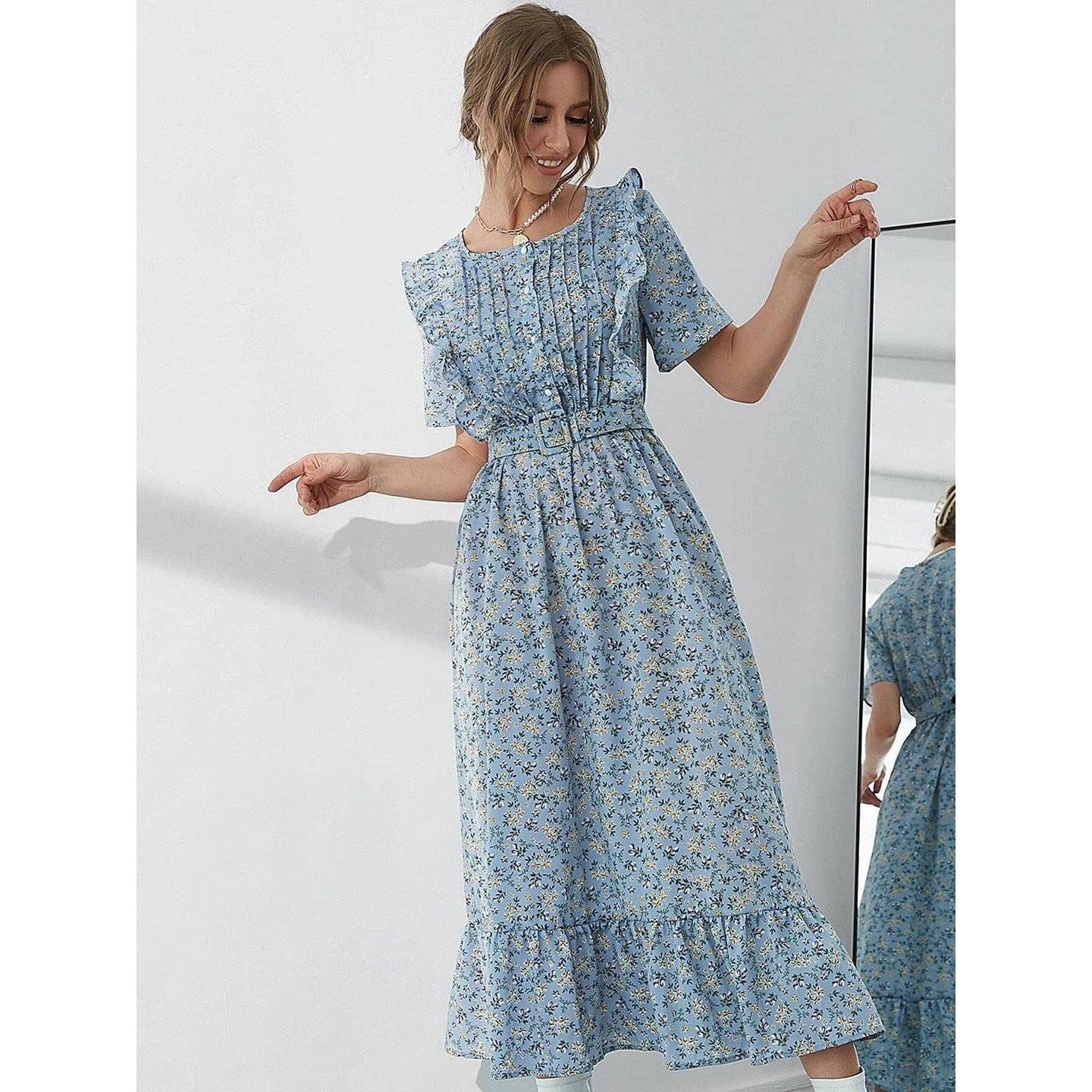 Kotty Womens Polyester Printed Fit And Flared Sky Blue Dress