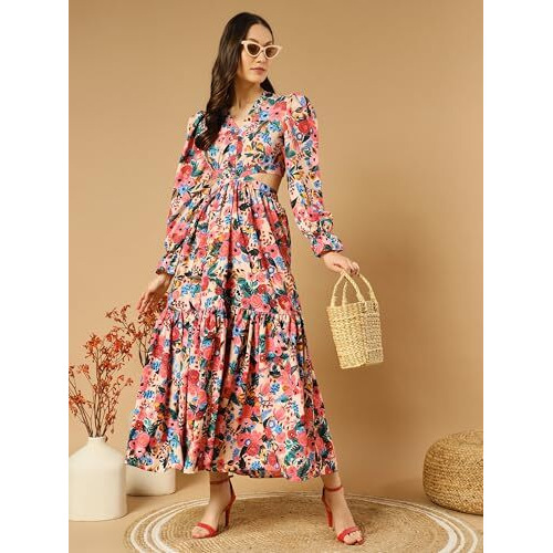 Kzully Women's Rayon A-Line Maxi Dress (Sfs_2001_Blue_Rose_S_Print