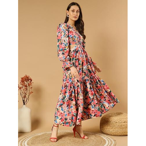 Kzully Women's Rayon A-Line Maxi Dress (Sfs_2001_Blue_Rose_S_Print