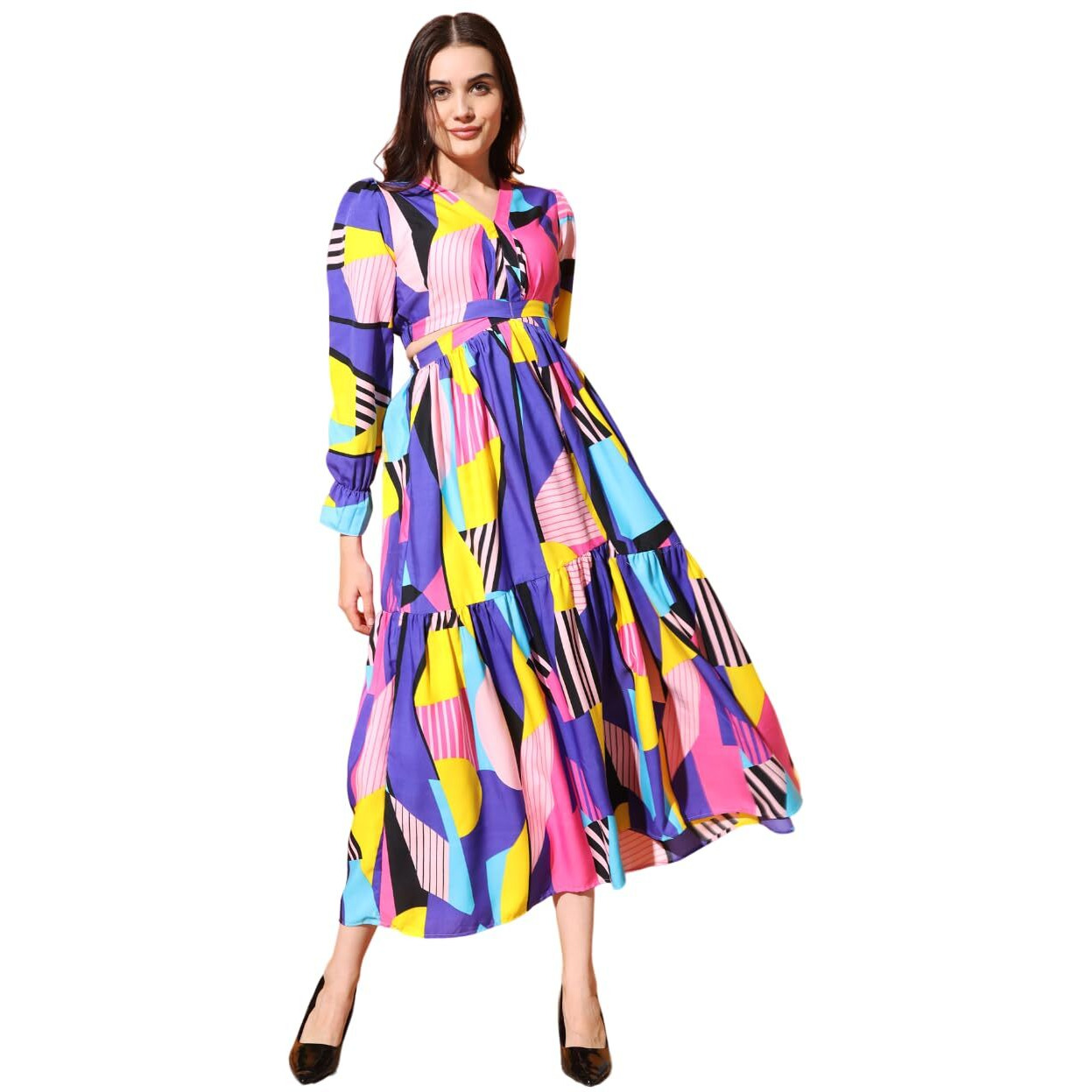 Kzully Women's Embrace Chic Vibes With This V-Neck Fit & Flare Maxi Dress Featuring Waist Cutouts Blue-Pink (Small)