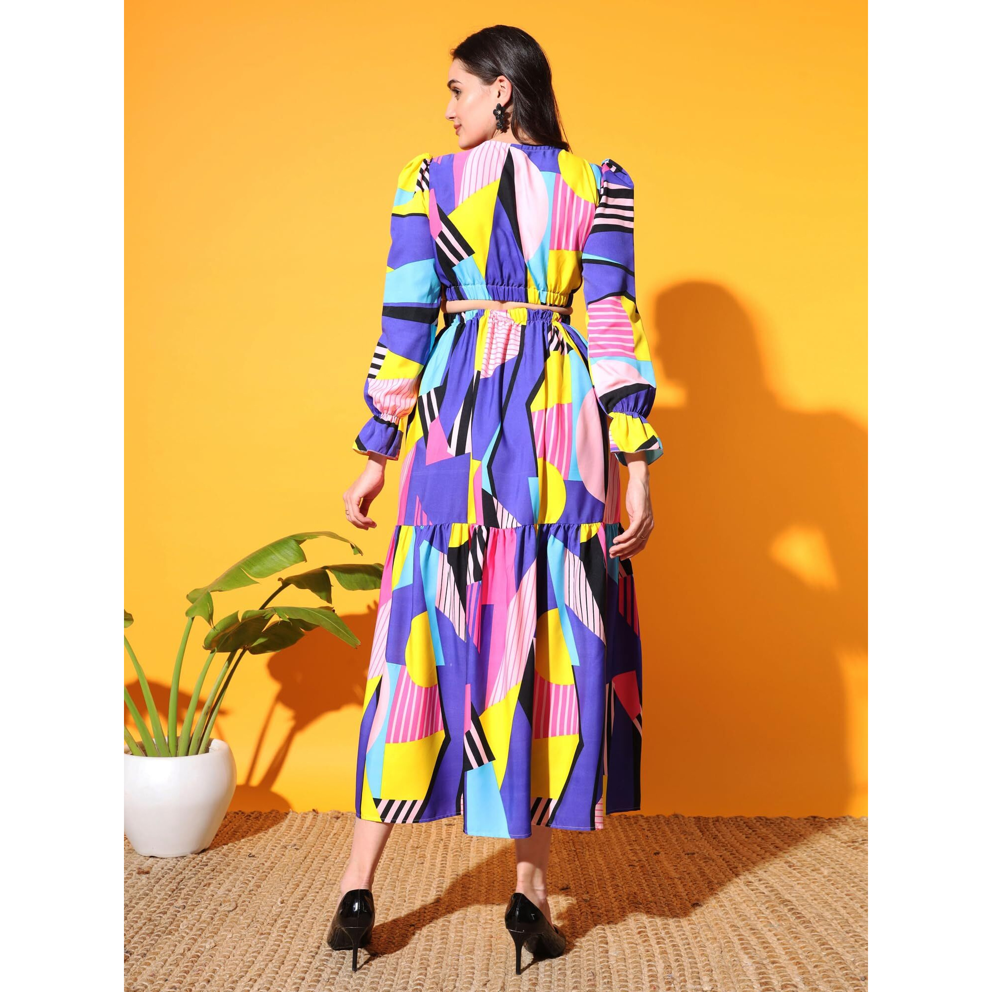 Kzully Women's Embrace Chic Vibes With This V-Neck Fit & Flare Maxi Dress Featuring Waist Cutouts Blue-Pink (Small)